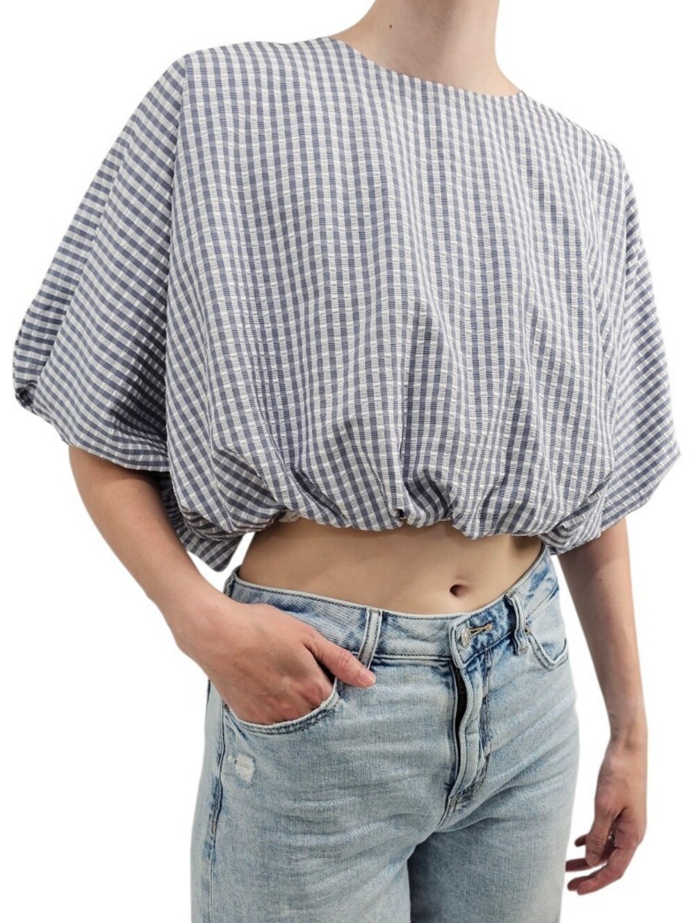 English Factory Blue Gingham Bubble Hem Crop Top Balloon Sleeve S